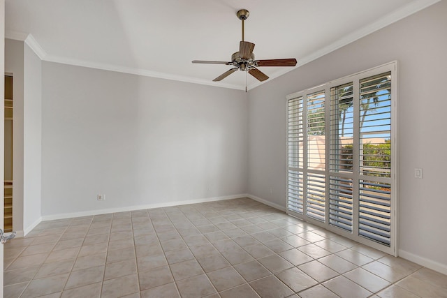 tiled spare room featuring ceiling fan and crown molding