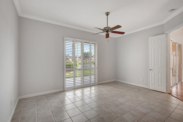 unfurnished room featuring ceiling fan, light tile patterned floors, and ornamental molding