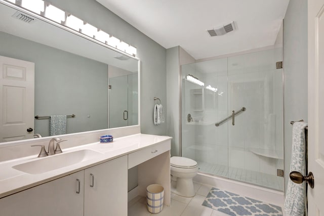 bathroom featuring tile patterned floors, vanity, an enclosed shower, and toilet