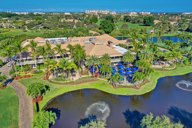 bird's eye view with a water view