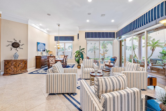 tiled living room with crown molding and a notable chandelier