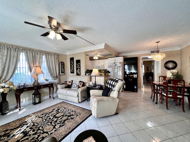 tiled living room with ceiling fan with notable chandelier, a textured ceiling, and ornamental molding