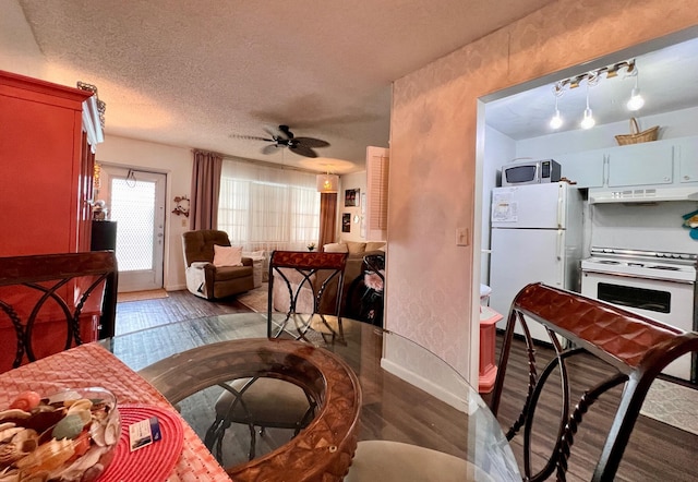 dining area featuring ceiling fan, dark hardwood / wood-style flooring, and a textured ceiling