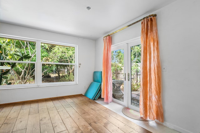 empty room with french doors and light hardwood / wood-style floors