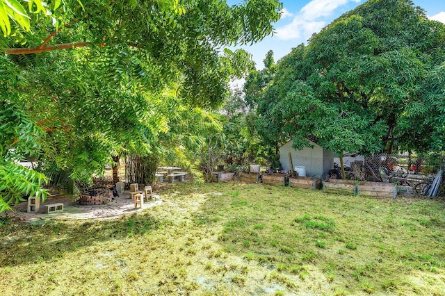 view of yard with a fire pit