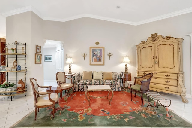 living area with light tile patterned floors and ornamental molding