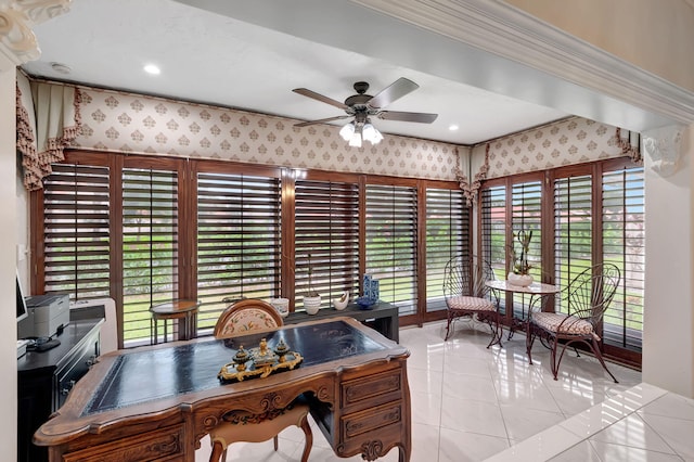 tiled office space featuring plenty of natural light and ceiling fan