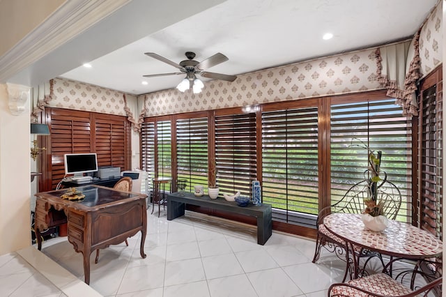 office featuring light tile patterned floors and ceiling fan