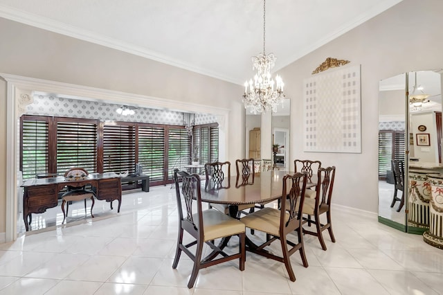 dining room with light tile patterned floors, crown molding, and a notable chandelier