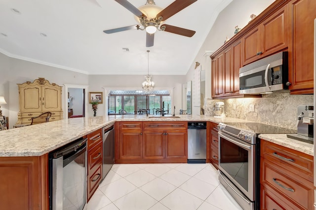 kitchen with kitchen peninsula, appliances with stainless steel finishes, backsplash, crown molding, and lofted ceiling