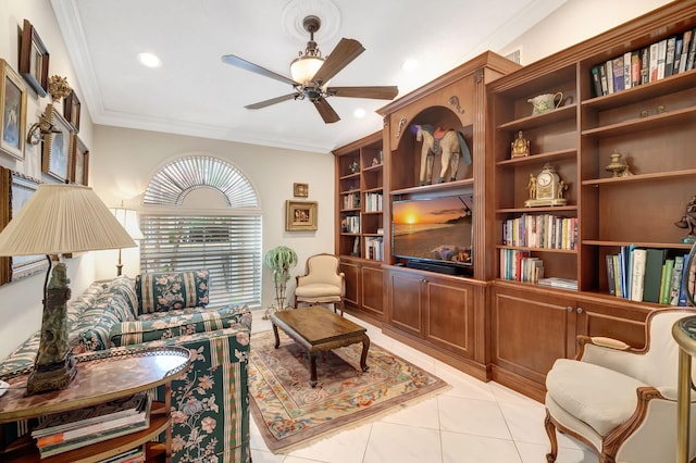 living room featuring ceiling fan, crown molding, and light tile patterned flooring