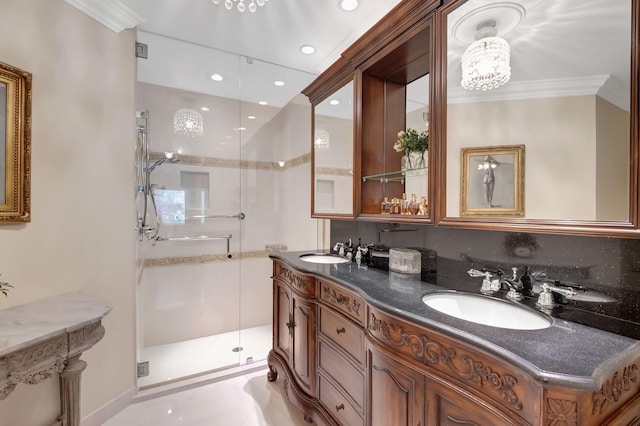 bathroom with tile patterned flooring, decorative backsplash, a shower with door, vanity, and ornamental molding