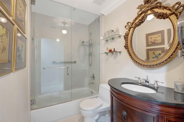 full bathroom with combined bath / shower with glass door, vanity, toilet, and ornamental molding