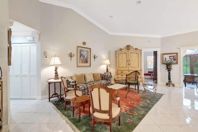 living room with light tile patterned floors and ornamental molding