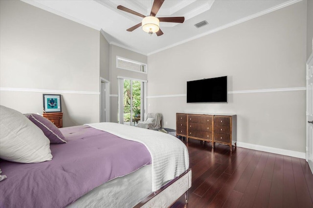 bedroom featuring crown molding, ceiling fan, and dark wood-type flooring