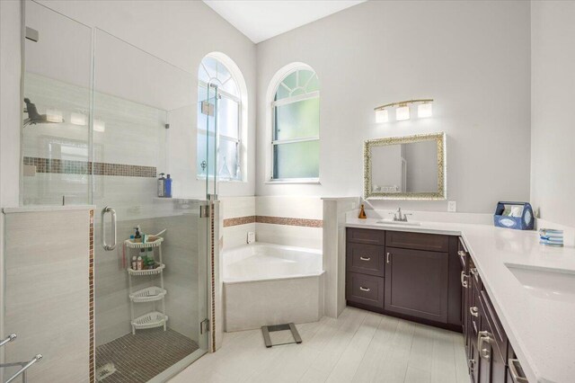 bathroom featuring vanity and separate shower and tub