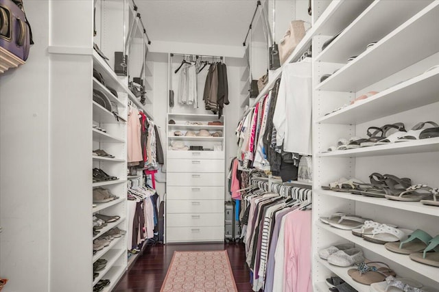 spacious closet with dark wood-type flooring