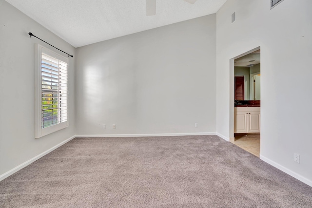 unfurnished room with light colored carpet, lofted ceiling, and a textured ceiling