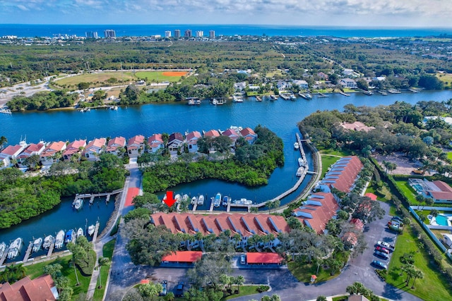 drone / aerial view featuring a water view