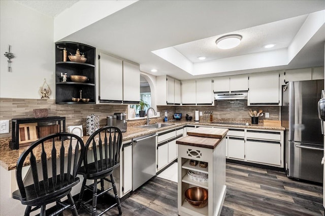 kitchen with sink, stainless steel appliances, a raised ceiling, dark hardwood / wood-style floors, and white cabinets