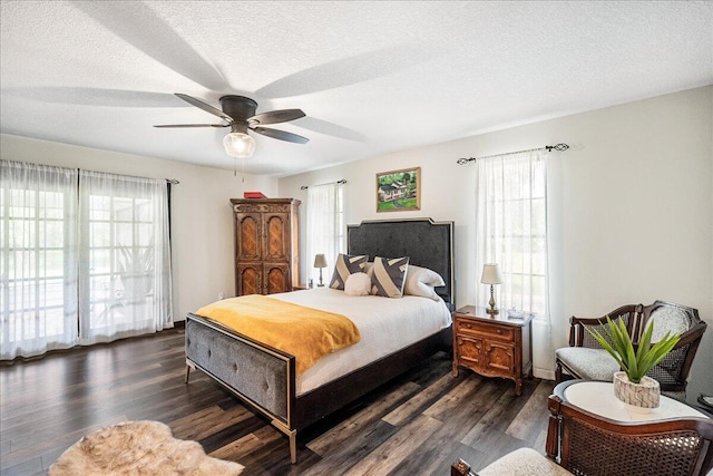 bedroom with multiple windows, a textured ceiling, ceiling fan, and dark wood-type flooring