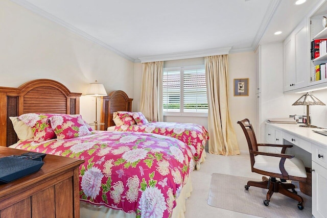 carpeted bedroom featuring ornamental molding