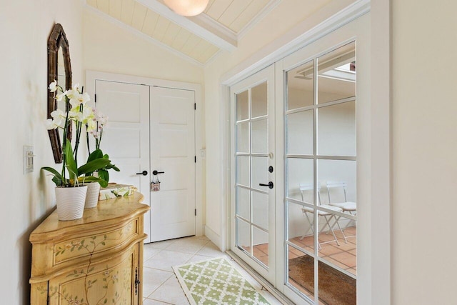 doorway with vaulted ceiling with beams, light tile patterned flooring, wood ceiling, and crown molding