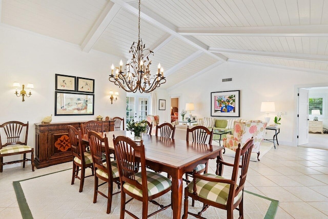 dining room with a notable chandelier, vaulted ceiling with beams, light tile patterned floors, and wood ceiling