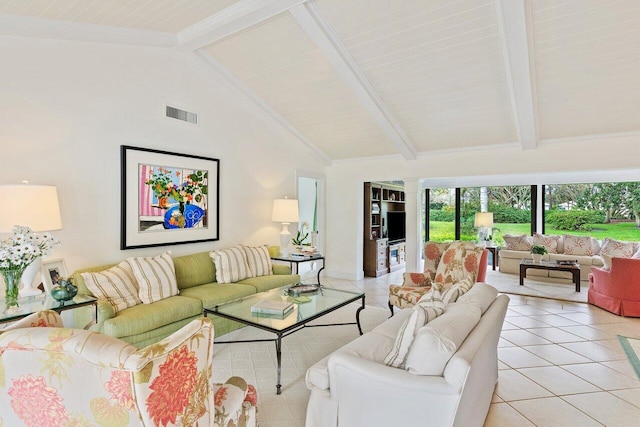 living room featuring beam ceiling, light tile patterned floors, and high vaulted ceiling