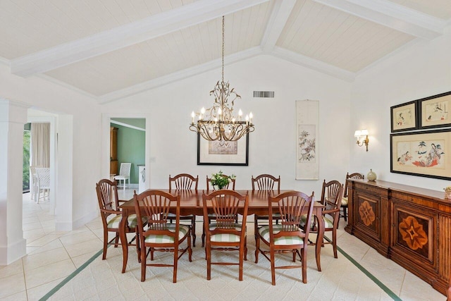 dining room featuring light tile patterned floors, lofted ceiling with beams, an inviting chandelier, and wooden ceiling