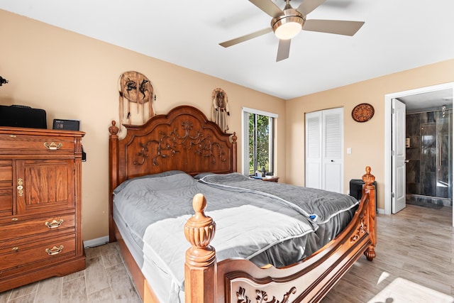 bedroom with baseboards, light wood-type flooring, a closet, and ceiling fan