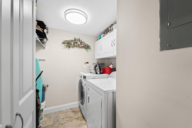 laundry room with electric panel, baseboards, cabinet space, and washing machine and dryer