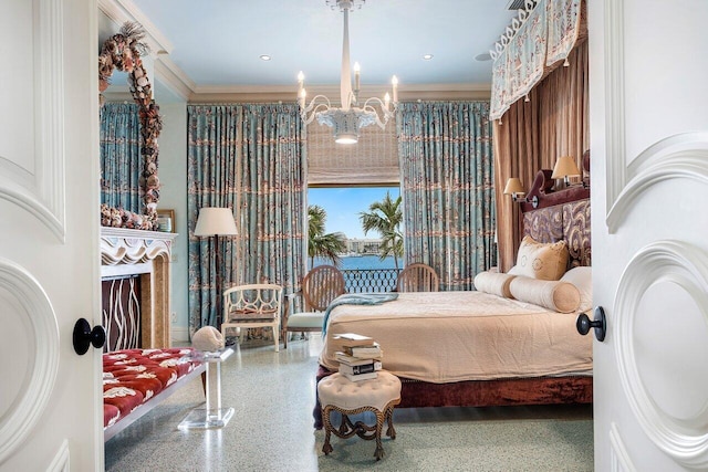 bedroom featuring an inviting chandelier and ornamental molding