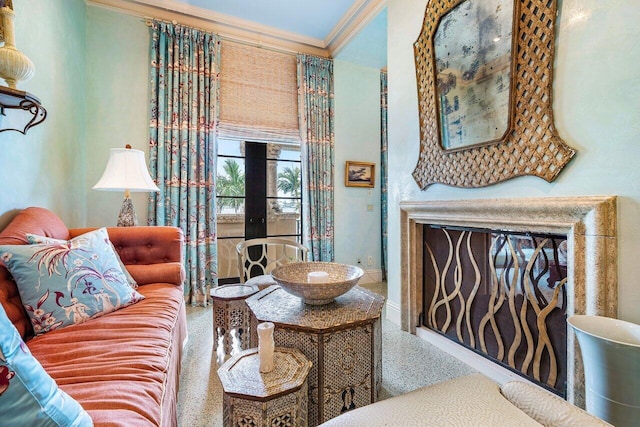813 N Atlantic Dr, Lantana, FL 33462 - living area with ornamental molding, french doors, baseboards, and speckle patterned floor