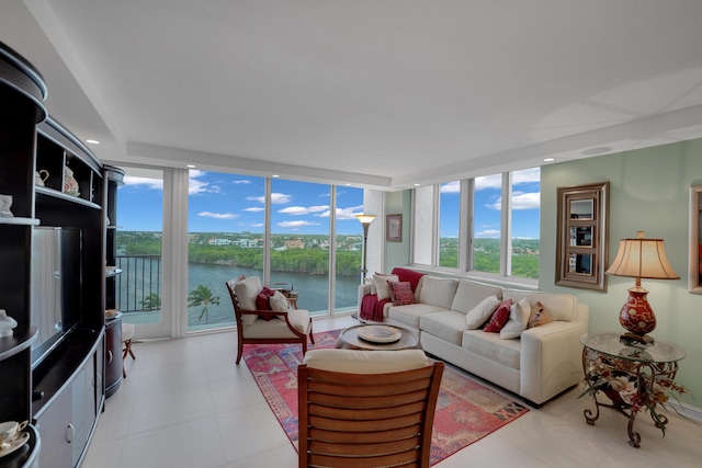 living room featuring a water view