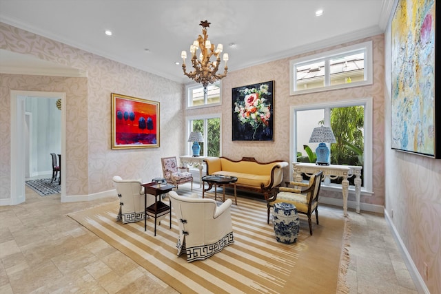 living area featuring a healthy amount of sunlight, ornamental molding, and a chandelier