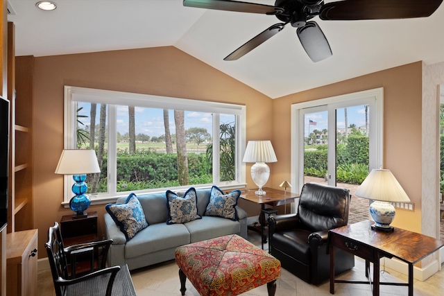 living room featuring lofted ceiling