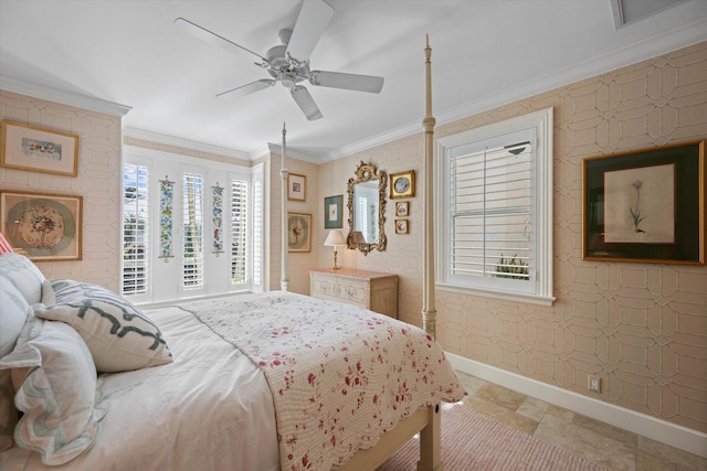 bedroom with ceiling fan and crown molding