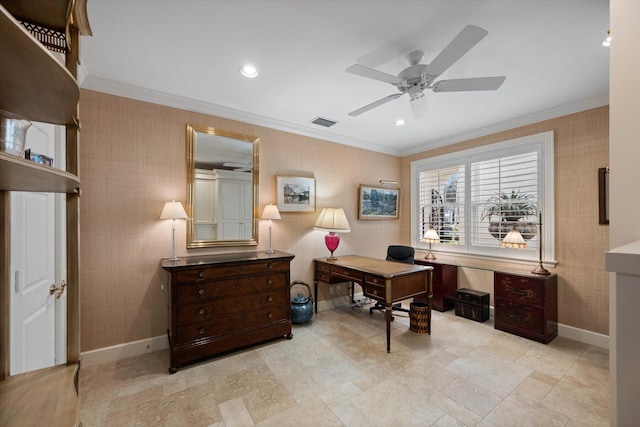 home office featuring ceiling fan and ornamental molding