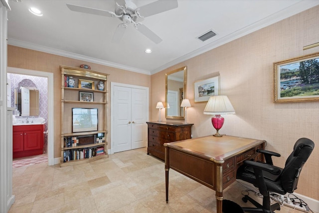 office with ceiling fan, ornamental molding, and sink