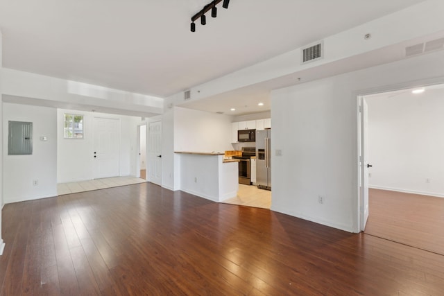 unfurnished living room with light hardwood / wood-style flooring and electric panel