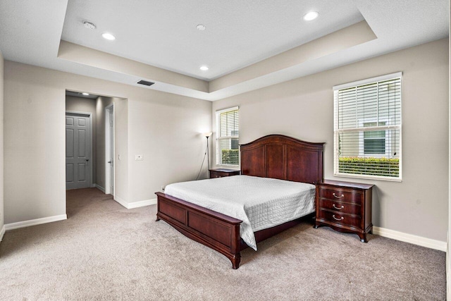 carpeted bedroom with a tray ceiling