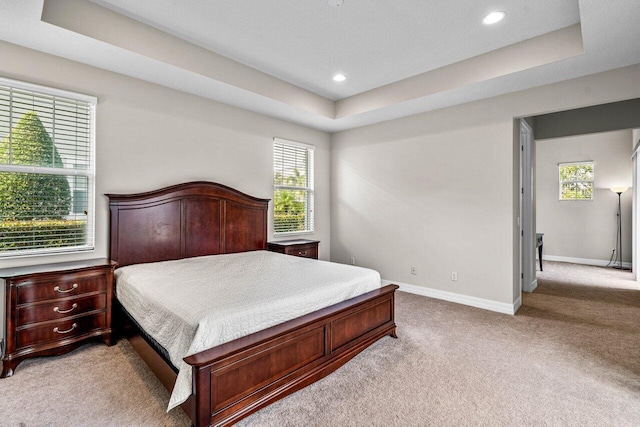 carpeted bedroom featuring a raised ceiling