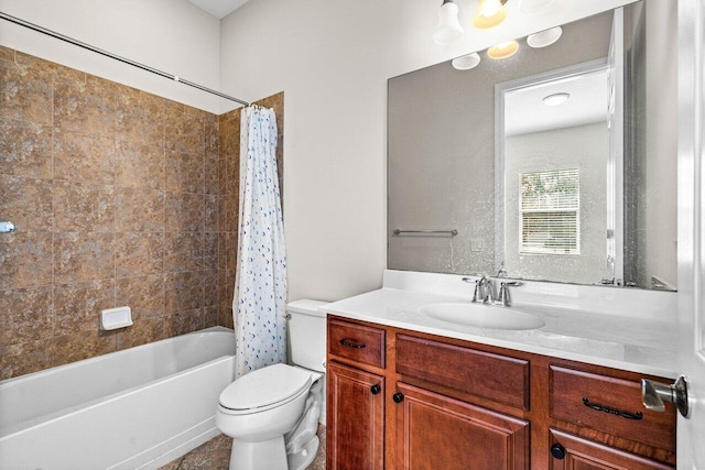 full bathroom featuring toilet, shower / bath combination with curtain, and vanity