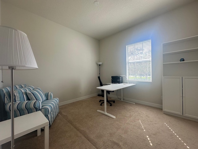 office space featuring light carpet, a textured ceiling, and baseboards