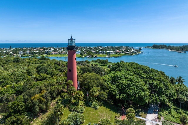 aerial view featuring a water view