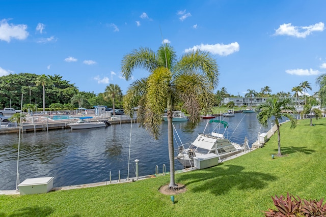 dock area featuring a water view and a yard