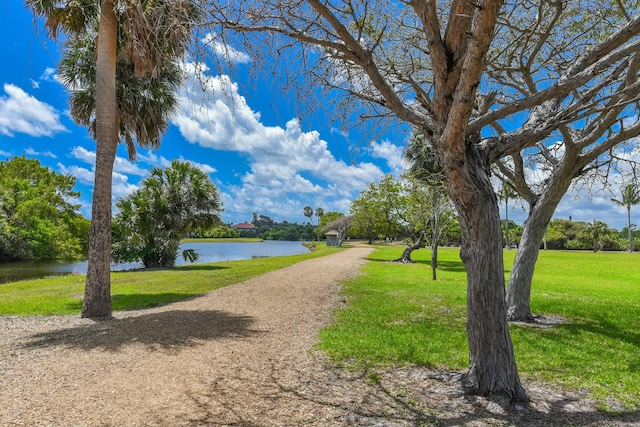 surrounding community with a lawn and a water view