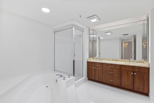 bathroom with vanity and plus walk in shower