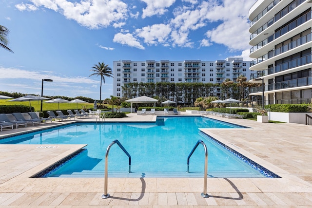 view of swimming pool featuring a patio area